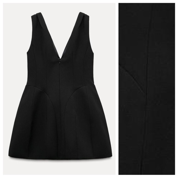 NWT. Zara ZW Collection Black Viscose Blend Voluminous Short V-Neck Dress Size S - Picture 6 of 11